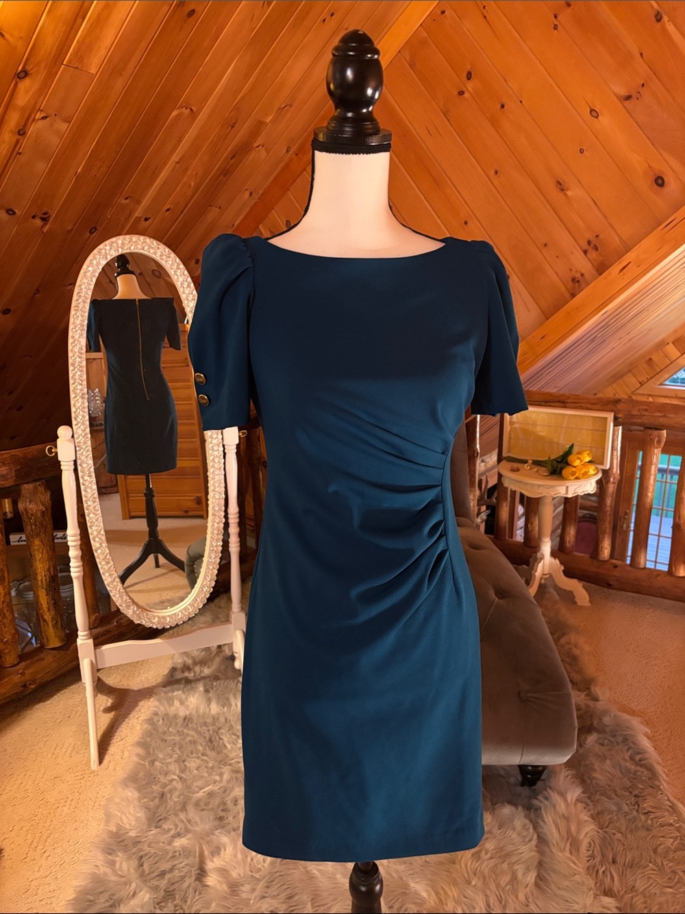 DKNY Teal Midi Dress with Side Ruching and Puff Sleeves